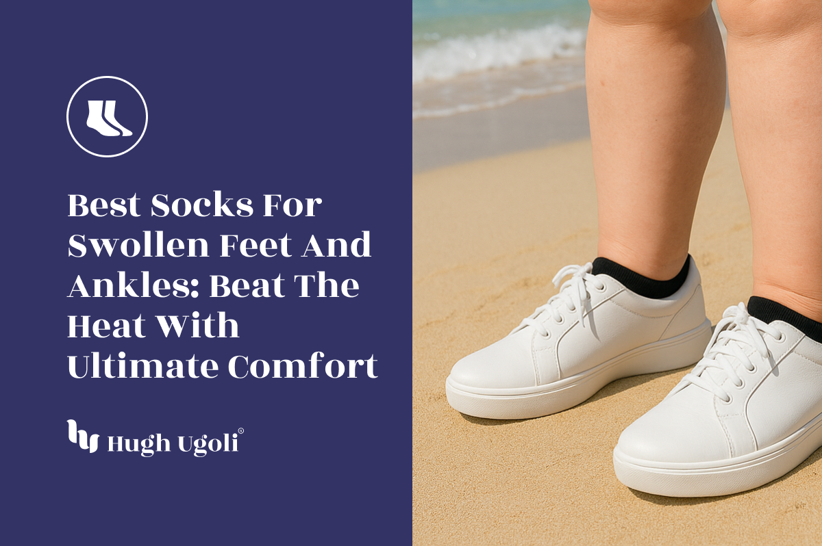 Person standing on sandy beach wearing white sneakers and black ankle socks, highlighting comfort-focused socks for swollen feet and ankles.